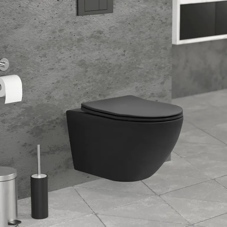 Wand-WC Hänge Toilette aus Keramik in Schwarz matt 54cm lang Spülrandlos mit Softclose LuxeBath