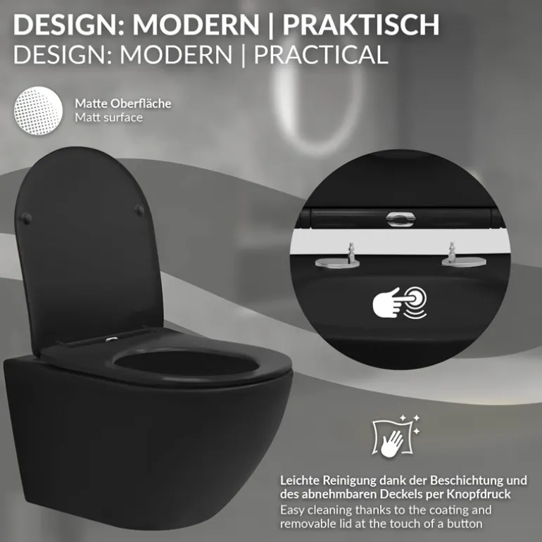 Wand-WC Hänge Toilette aus Keramik in Schwarz matt 54cm lang Spülrandlos mit Softclose LuxeBath