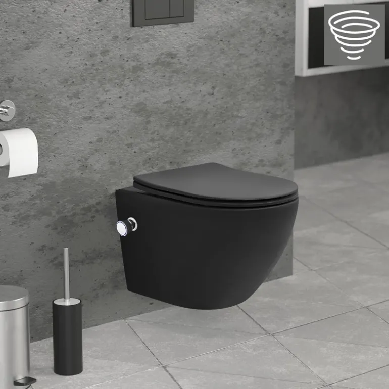 Wand-WC Hänge Toilette aus Keramik Matt Schwarz 49 cm lang Spülrandlos mit Bidet & Softclose Luxebath