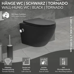 Wand-WC Hänge Toilette aus Keramik Matt Schwarz 49 cm lang Spülrandlos mit Bidet & Softclose Luxebath