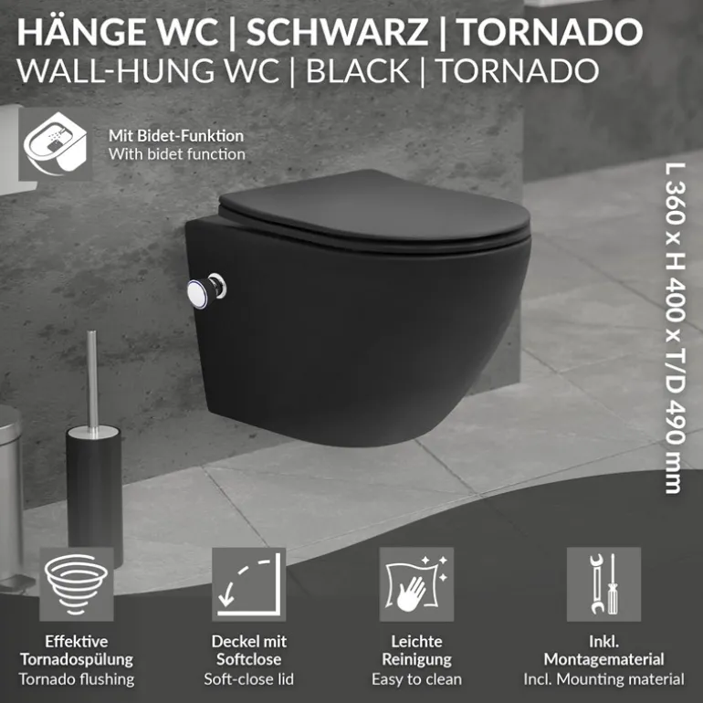 Wand-WC Hänge Toilette aus Keramik Matt Schwarz 49 cm lang Spülrandlos mit Bidet & Softclose Luxebath