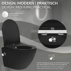 Wand-WC Hänge Toilette aus Keramik Matt Schwarz 49 cm lang Spülrandlos mit Bidet & Softclose Luxebath