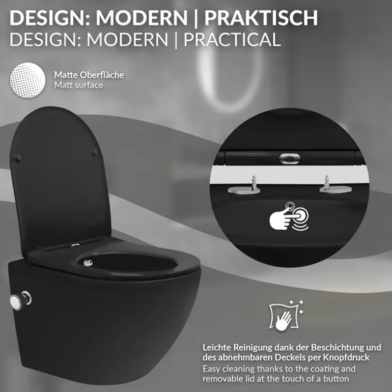 Wand-WC Hänge Toilette aus Keramik Matt Schwarz 49 cm lang Spülrandlos mit Bidet & Softclose Luxebath