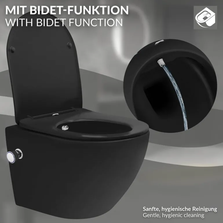 Wand-WC Hänge Toilette aus Keramik Matt Schwarz 49 cm lang Spülrandlos mit Bidet & Softclose Luxebath