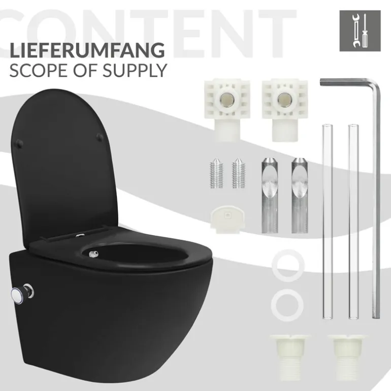 Wand-WC Hänge Toilette aus Keramik Matt Schwarz 49 cm lang Spülrandlos mit Bidet & Softclose Luxebath
