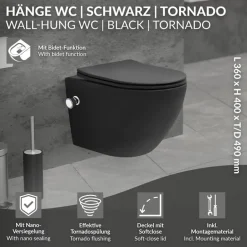 Wand-WC Hänge Toilette aus Keramik Matt Schwarz 49 cm lang Spülrandlos mit Bidet, Nanoversiegelung & Softclose Luxebath
