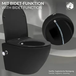 Wand-WC Hänge Toilette aus Keramik Matt Schwarz 49 cm lang Spülrandlos mit Bidet, Nanoversiegelung & Softclose Luxebath