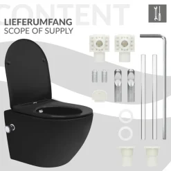 Wand-WC Hänge Toilette aus Keramik Matt Schwarz 49 cm lang Spülrandlos mit Bidet, Nanoversiegelung & Softclose Luxebath