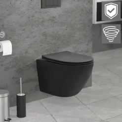 Wand-WC Hänge Toilette aus Keramik Matt Schwarz 49 cm lang Spülrandlos mit Nanoversiegelung & Softclose Luxebath