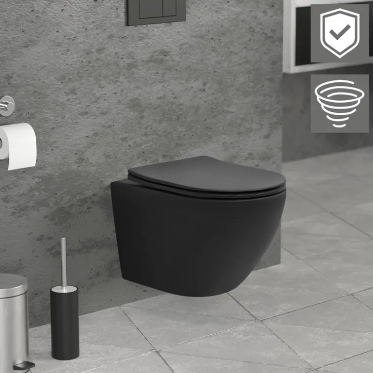 Wand-WC Hänge Toilette aus Keramik Matt Schwarz 49 cm lang Spülrandlos mit Nanoversiegelung & Softclose Luxebath