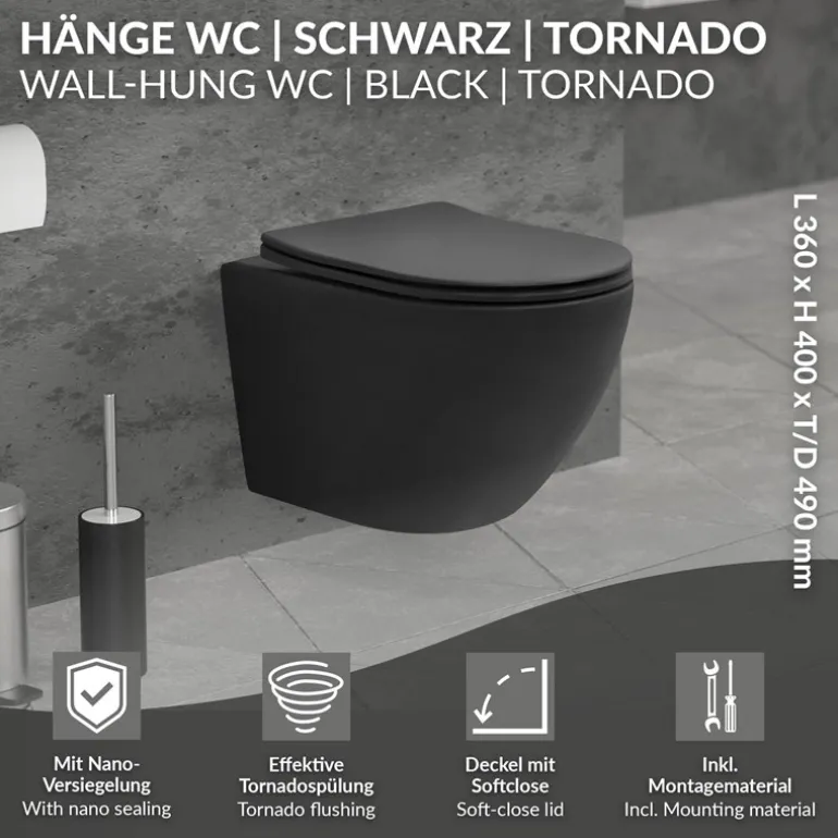 Wand-WC Hänge Toilette aus Keramik Matt Schwarz 49 cm lang Spülrandlos mit Nanoversiegelung & Softclose Luxebath