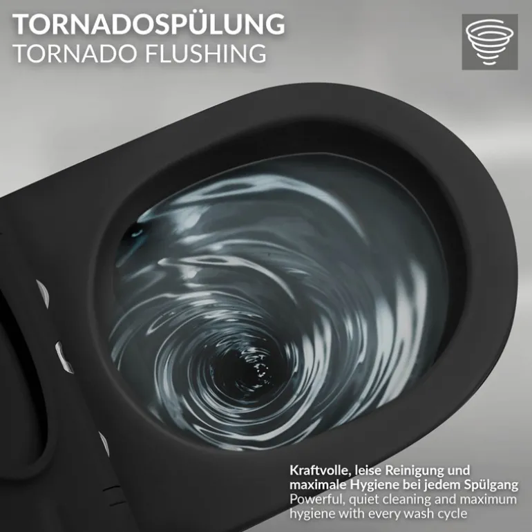 Wand-WC Hänge Toilette aus Keramik Matt Schwarz 49 cm lang Spülrandlos mit Nanoversiegelung & Softclose Luxebath