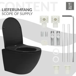 Wand-WC Hänge Toilette aus Keramik Matt Schwarz 49 cm lang Spülrandlos mit Nanoversiegelung & Softclose Luxebath