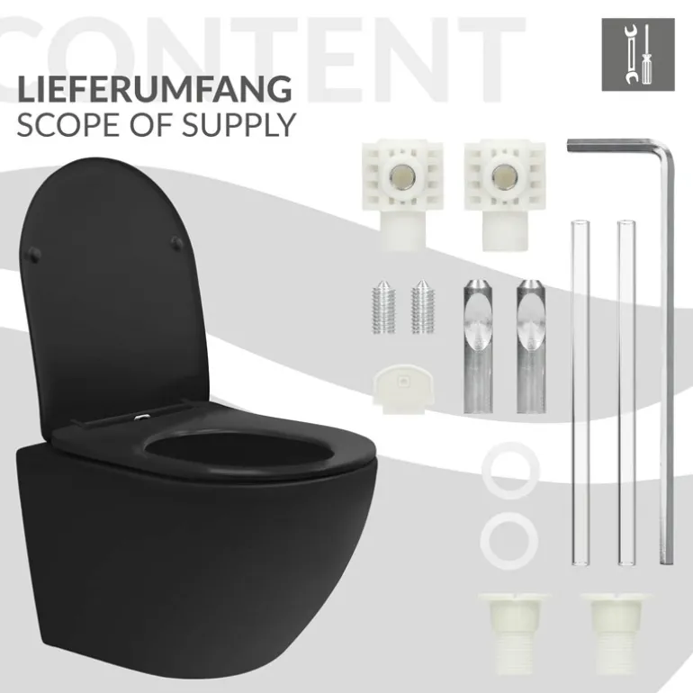 Wand-WC Hänge Toilette aus Keramik Matt Schwarz 49 cm lang Spülrandlos mit Nanoversiegelung & Softclose Luxebath