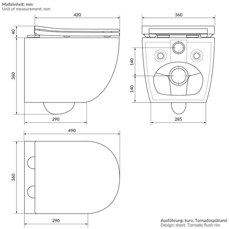 Wand-WC Hänge Toilette aus Keramik Matt Schwarz 49 cm lang Spülrandlos mit Nanoversiegelung & Softclose Luxebath