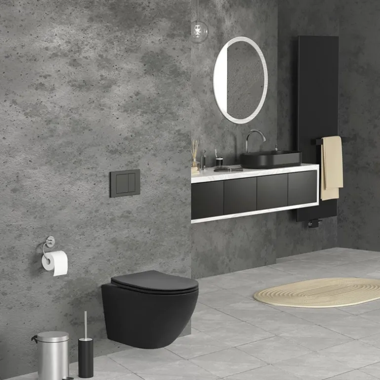 Wand-WC Hänge Toilette aus Keramik Matt Schwarz 49 cm lang Spülrandlos mit Nanoversiegelung & Softclose Luxebath