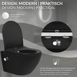 Wand-WC Hänge Toilette aus Keramik Matt Schwarz 54 cm lang Spülrandlos mit Bidet & Softclose Luxebath