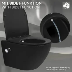 Wand-WC Hänge Toilette aus Keramik Matt Schwarz 54 cm lang Spülrandlos mit Bidet & Softclose Luxebath