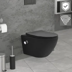 Wand-WC Hänge Toilette aus Keramik Matt Schwarz 54 cm lang Spülrandlos mit Bidet, Nanoversiegelung & Softclose Luxebath