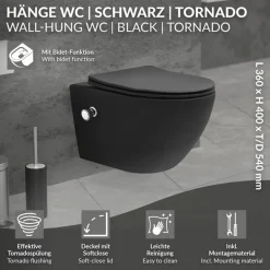 Wand-WC Hänge Toilette aus Keramik Matt Schwarz 54 cm lang Spülrandlos mit Bidet, Nanoversiegelung & Softclose Luxebath