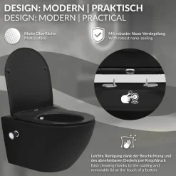 Wand-WC Hänge Toilette aus Keramik Matt Schwarz 54 cm lang Spülrandlos mit Bidet, Nanoversiegelung & Softclose Luxebath