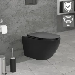 Wand-WC Hänge Toilette aus Keramik Matt Schwarz 54 cm lang Spülrandlos mit Nanoversiegelung & Softclose Luxebath