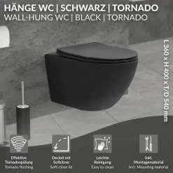 Wand-WC Hänge Toilette aus Keramik Matt Schwarz 54 cm lang Spülrandlos mit Nanoversiegelung & Softclose Luxebath