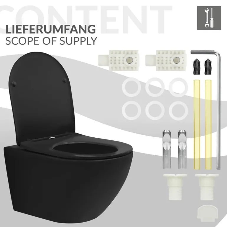 Wand-WC Hänge Toilette aus Keramik Matt Schwarz 54 cm lang Spülrandlos mit Nanoversiegelung & Softclose Luxebath