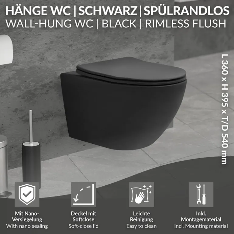 Wand-WC Hänge Toilette aus Keramik Matt Schwarz 54 cm lang Spülrandlos mit Nanoversiegelung & Softclose Luxebath