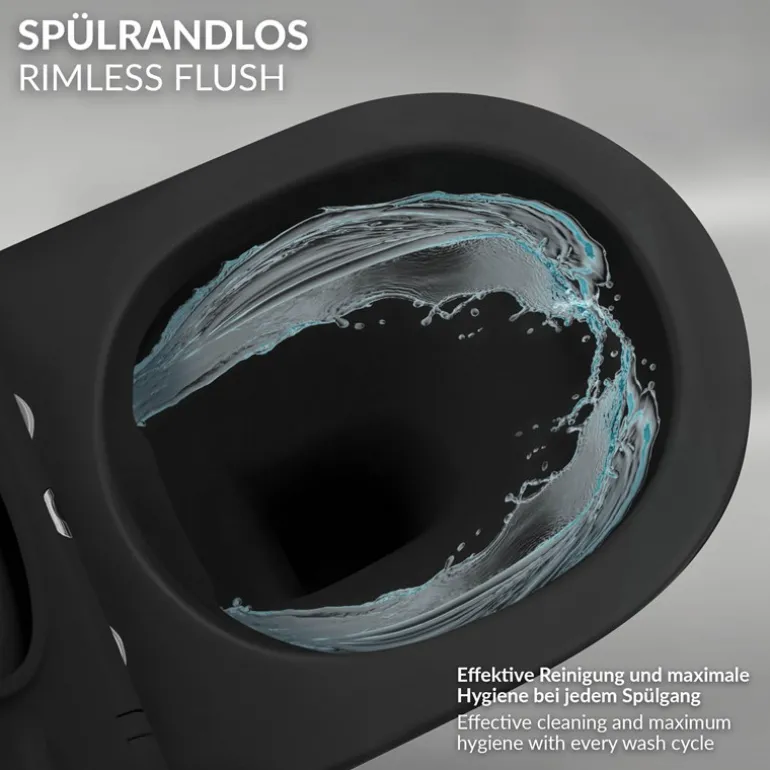 Wand-WC Hänge Toilette aus Keramik Matt Schwarz 54 cm lang Spülrandlos mit Nanoversiegelung & Softclose Luxebath