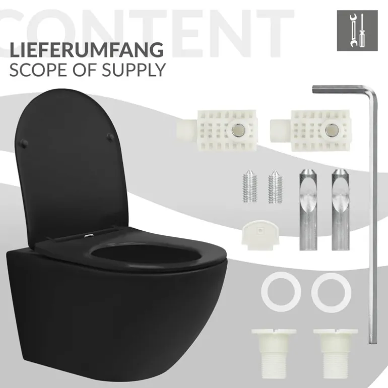 Wand-WC Hänge Toilette aus Keramik Matt Schwarz 54 cm lang Spülrandlos mit Nanoversiegelung & Softclose Luxebath