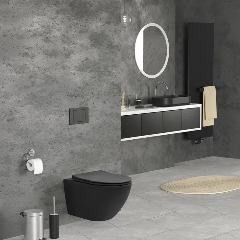 Wand-WC Hänge Toilette aus Keramik Matt Schwarz 54 cm lang Spülrandlos mit Nanoversiegelung & Softclose Luxebath