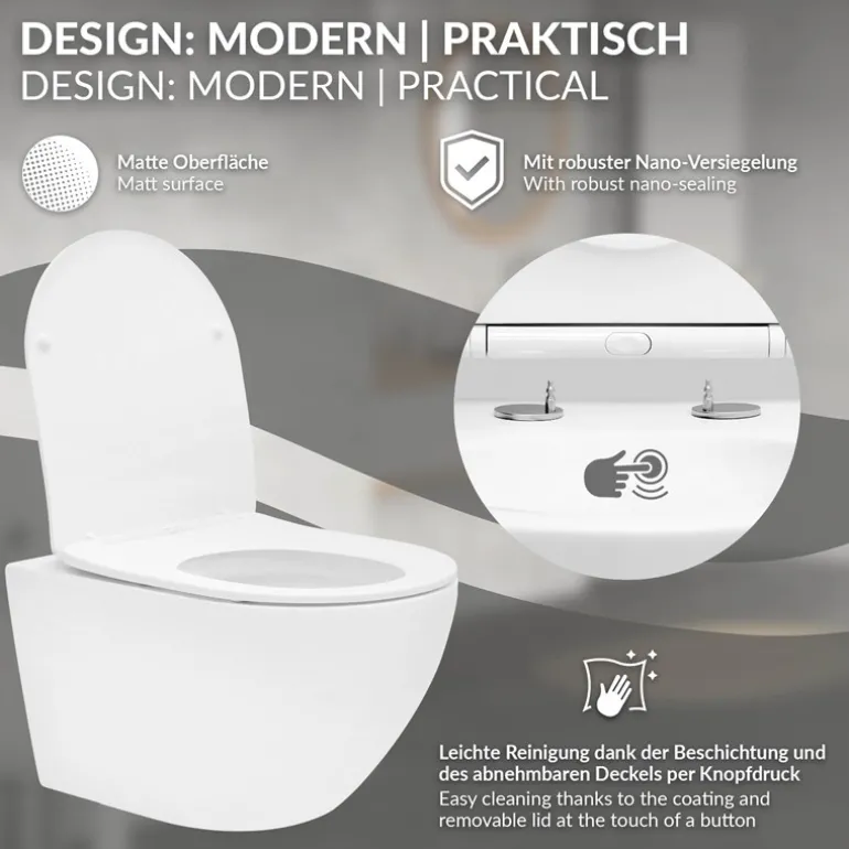 Wand-WC Hänge Toilette aus Keramik Matt Weiß 54 cm lang Spülrandlos mit Nanoversiegelung & Softclose Luxebath