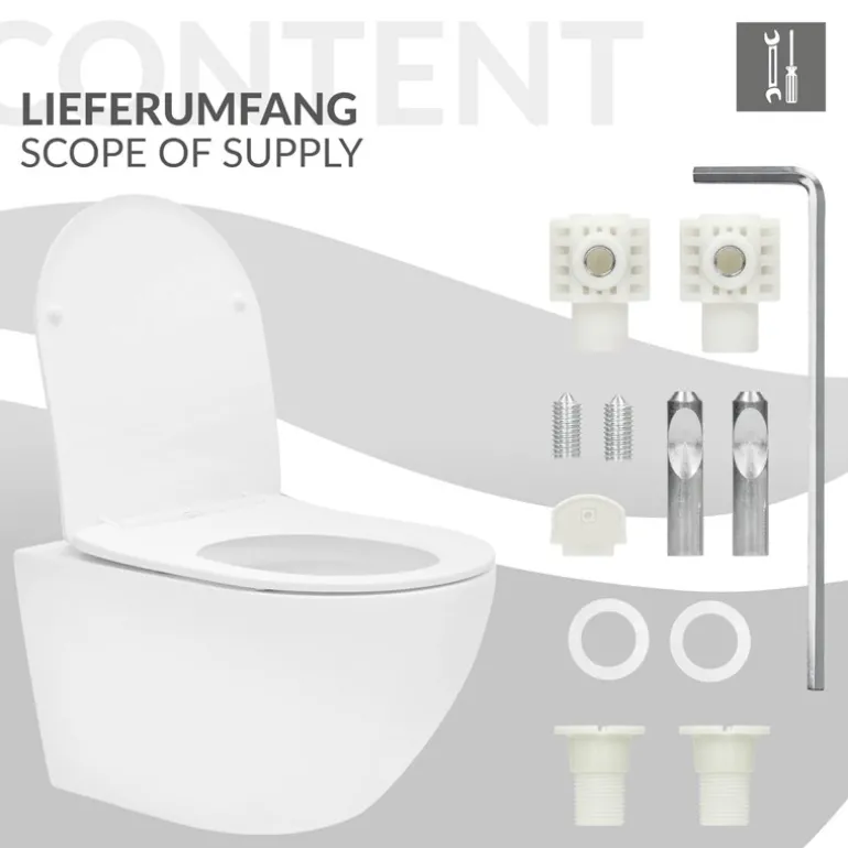 Wand-WC Hänge Toilette aus Keramik Matt Weiß 54 cm lang Spülrandlos mit Nanoversiegelung & Softclose Luxebath