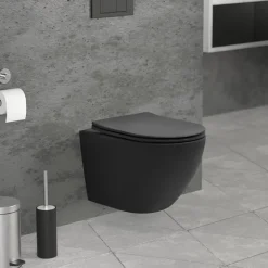 Wand-WC Hänge Toilette aus Keramik Schwarz matt 49cm lang Spülrandlos mit Nanoversiegelung & Softclose LuxeBath