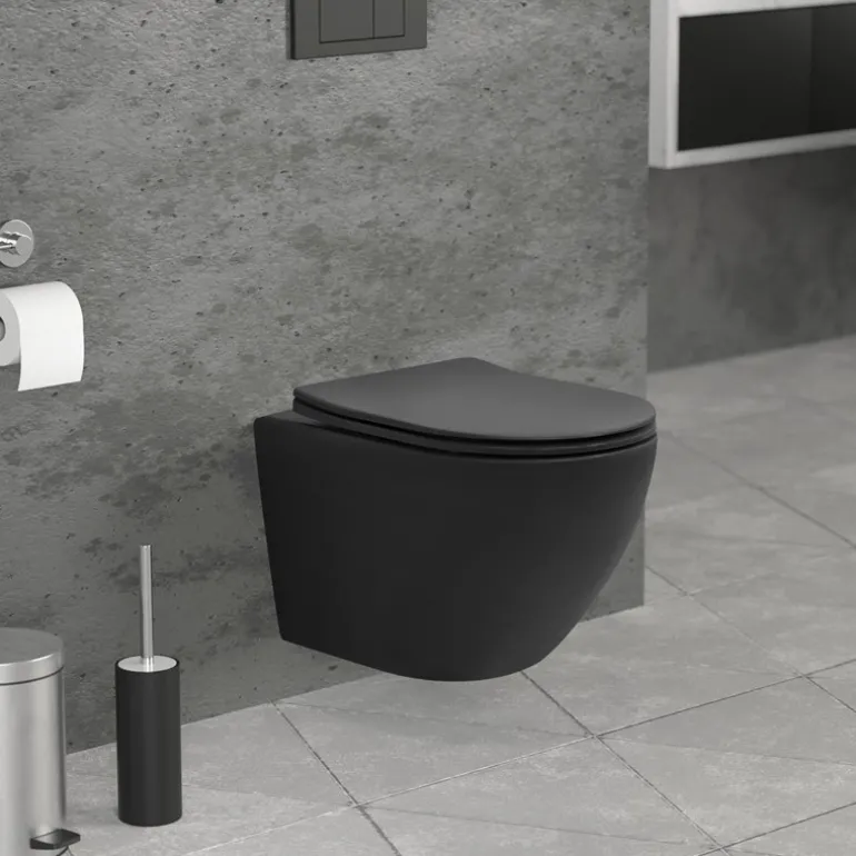 Wand-WC Hänge Toilette aus Keramik Schwarz matt 49cm lang Spülrandlos mit Nanoversiegelung & Softclose LuxeBath