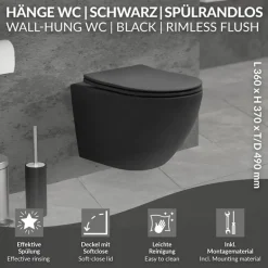 Wand-WC Hänge Toilette aus Keramik Schwarz matt 49cm lang Spülrandlos mit Nanoversiegelung & Softclose LuxeBath
