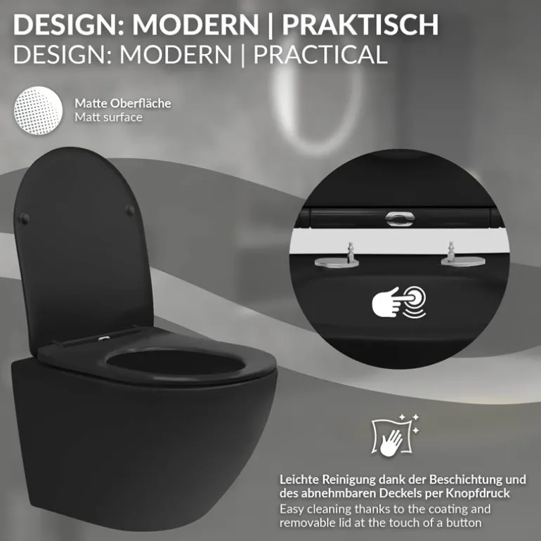 Wand-WC Hänge Toilette aus Keramik Schwarz matt 49cm lang Spülrandlos mit Nanoversiegelung & Softclose LuxeBath