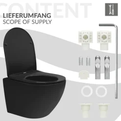 Wand-WC Hänge Toilette aus Keramik Schwarz matt 49cm lang Spülrandlos mit Nanoversiegelung & Softclose LuxeBath