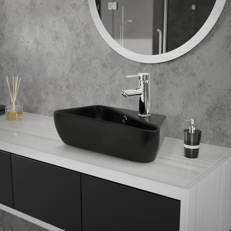 Waschbecken Eckigform mit Überlauf 45x27x13 cm Schwarz aus Keramik ML-Design