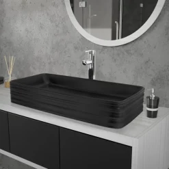 Waschbecken Eckigform ohne Überlauf 68x38x12 cm Schwarz aus Keramik ML-Design