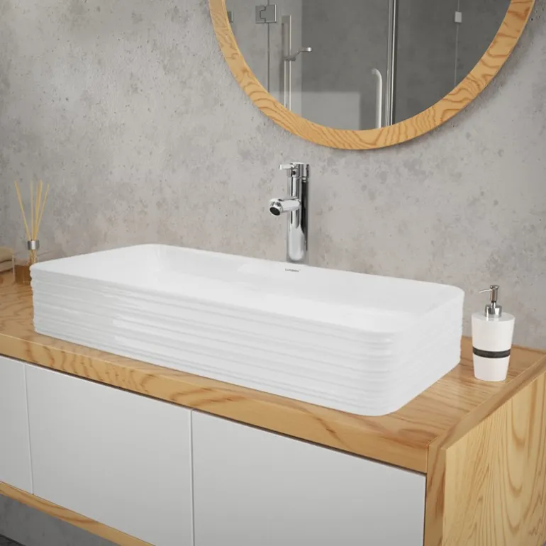 Waschbecken Eckigform ohne Überlauf 68x38x12 cm Weiß aus Keramik ML-Design