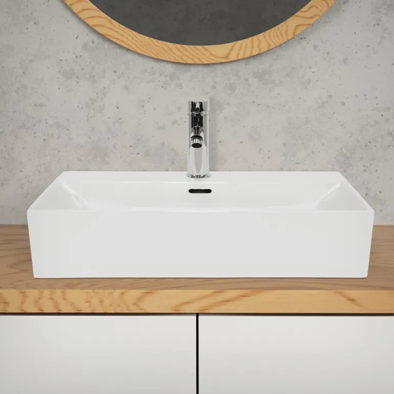 Waschbecken Eckig mit Überlauf 605x365x130 mm Weiß aus Keramik