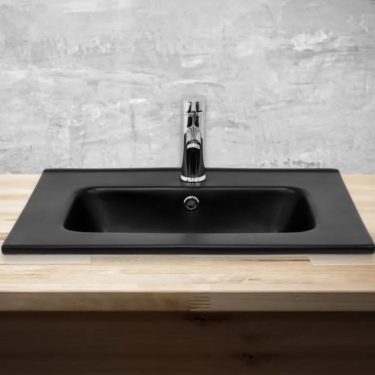 Waschbecken Eckig mit Überlauf 61x46x16,5 cm Schwarz aus Keramik ML-Design