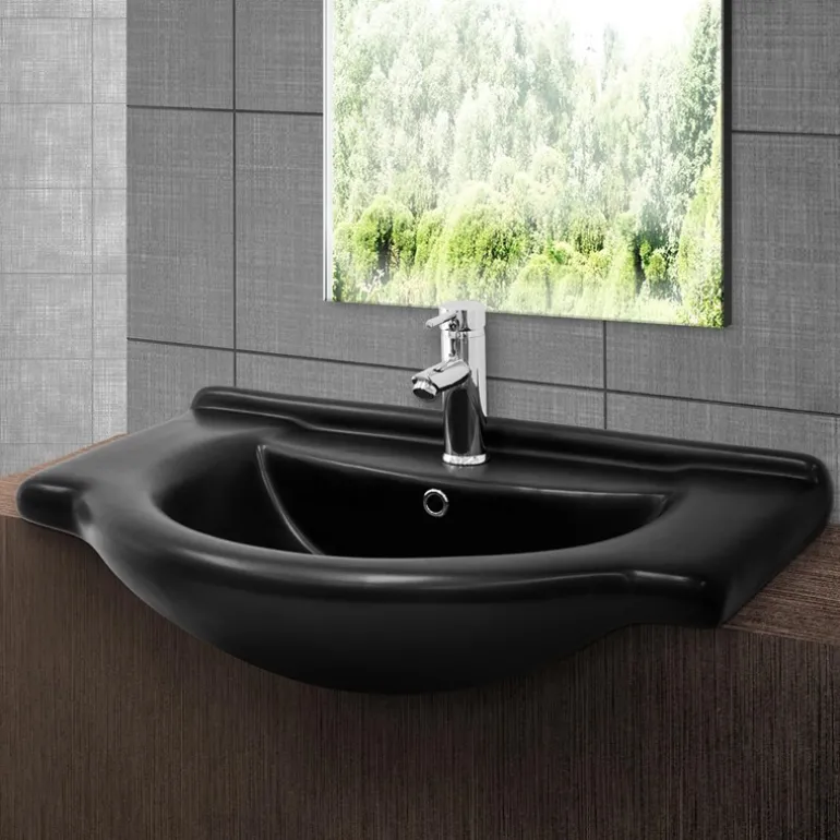 Waschbecken inkl. Ablaufgarnitur Schwarz mit Überlauf 77x50,5x22,5 cm Schwarz matt aus Keramik ML-Design