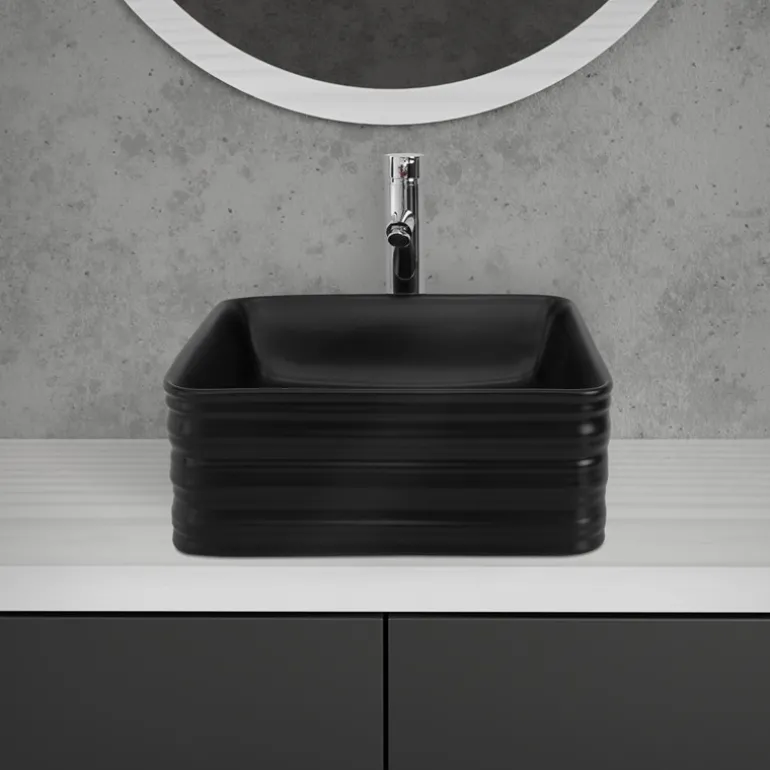 Waschbecken inkl. Ablaufgarnitur Schwarz ohne Überlauf 39x39x15 cm Schwarz aus Keramik ML-Design