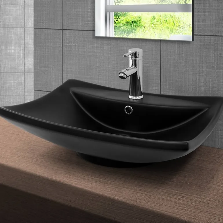 Waschbecken inkl. Ablaufgarnitur mit Überlauf 61x45,5x18,5 cm Schwarz matt aus Keramik ML-Design