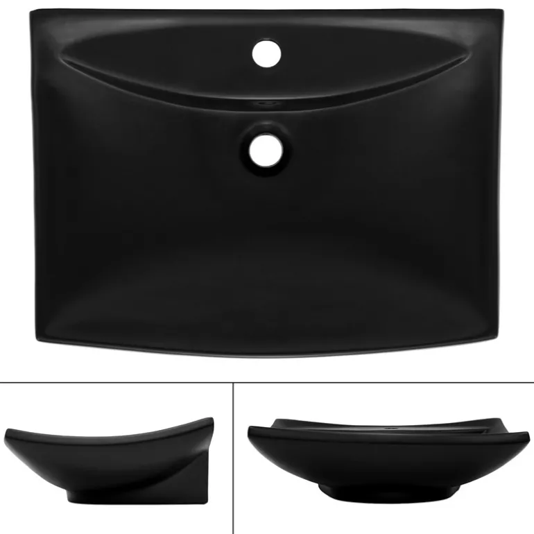 Waschbecken inkl. Ablaufgarnitur mit Überlauf 61x45,5x18,5 cm Schwarz matt aus Keramik ML-Design