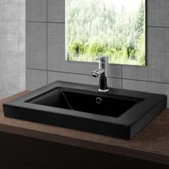 Waschbecken inkl. Ablaufgarnitur mit Überlauf 61x46,5x15,5 mm Schwarz matt aus Keramik ML-Design