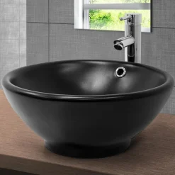 Waschbecken inkl. Ablaufgarnitur mit Überlauf Ø 42x17 cm Schwarz matt aus Keramik ML-Design